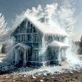 Freezing house, home building, cold frozen and covered with ice