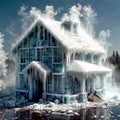 Freezing house, home building, cold frozen and covered with ice