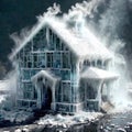 Freezing house, home building, cold frozen and covered with ice