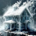 Freezing house, home building, cold frozen and covered with ice