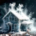 Freezing house, home building, cold frozen and covered with ice