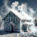 Freezing house, home building, cold frozen and covered with ice