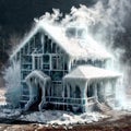 Freezing house, home building, cold frozen and covered with ice