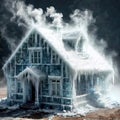 Freezing house, home building, cold frozen and covered with ice