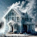 Freezing house, home building, cold frozen and covered with ice