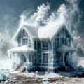 Freezing house, home building, cold frozen and covered with ice