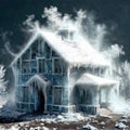 Freezing house, home building, cold frozen and covered with ice