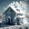 Freezing house, home building, cold frozen and covered with ice