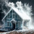 Freezing house, home building, cold frozen and covered with ice