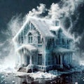 Freezing house, home building, cold frozen and covered with ice