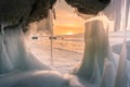 Freezing Ice cave beautiful after sunset sky, Baikal Southern Siberia Russia