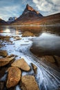 Freezing lake in Innerdalen valley in norwegian mountains Royalty Free Stock Photo