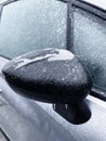 Freezing rain. Close-up details of a frozen parked car in the morning of a winter day.