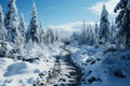 Freezing road in a snowy winter forest, snow and ice in nature, beautiful winter landscape, AI Generated