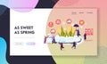 Freezing Spring and Climate Change Landing Page Template. Tiny Characters Walking near Flower Bed Covered with Snow