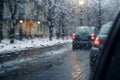 Freezing transformation car window captures mixed rain snow street scene