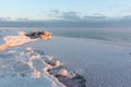 Freezing of water in the river, formation of ice, sunset, Ob reservoir, Siberia Royalty Free Stock Photo