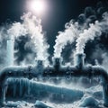 Freezing waterpipes, water pipes, cold frozen and covered with ice