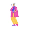 Freezing woman in coat from the cold trying to keep warm, flat vector isolated.