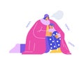 Freezing woman hugging sad child flat style, vector illustration