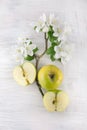 Freh ripe green apple decorated with beautiful apple blossom on white wooden table