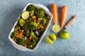 Frehs salad of boiled carrots and broccoli with spicy Royalty Free Stock Photo