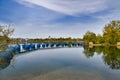 Freiburg, Germany - Floating bridge with blue round floats called SeeparkbrÃÂ¼ck` at lake