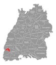 Freiburg im Breisgau county red highlighted in map of Baden Wuerttemberg Germany