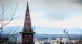 Aerial view of the clock tower of the Freiburg Munster cathedral Royalty Free Stock Photo