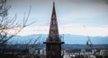 Aerial view of the clock tower of the Freiburg Munster cathedral Royalty Free Stock Photo