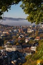 Freiburg im Breisgau, Germany - 11 09 2012: Scenic view to the city and St. Johann church from the mountain Royalty Free Stock Photo