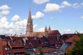 Freiburg Minster, cathedral with a tall tower among the roofs of the old historical city. Royalty Free Stock Photo