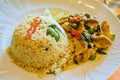 Freid rice with green curry and pork Royalty Free Stock Photo