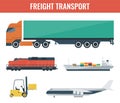 Freigh transportation icons. Truck, train, ship, airplane, forklift. Flat design. Vector