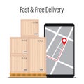 Freight Cargo. Wooden boxes on pallet and big smartphone with map. Cargo Delivery Tracking concept background Royalty Free Stock Photo