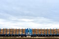 freight cars loaded with logs on railway tracks.