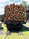 Freight cars loaded with wood logs on railway tracks