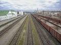 Freight cars on the railroad tracks. Tavarny transportations by trains