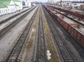 Freight cars on the railroad tracks. Tavarny transportations by trains