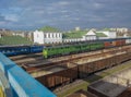 Freight cars on the railroad tracks. Tavarny transportations by trains