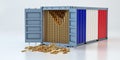 Freight Container with France flag filled with Gold bars. Some Gold bars scattered on the ground