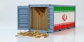 Freight Container with Iran flag filled with Gold bars. Some Gold bars scattered on the ground