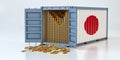 Freight Container with Japan flag filled with Gold bars. Some Gold bars scattered on the ground