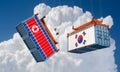 Freight Container with North Korea and South Korea Flag. Container with North Korea flag is falling because of an accident.