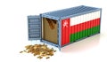 Freight Container with Oman flag filled with Gold bars. Some Gold bars scattered on the ground