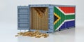 Freight Container with South Africa flag filled with Gold bars. Some Gold bars scattered on the ground