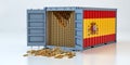 Freight Container with Spain flag filled with Gold bars. Some Gold bars scattered on the ground