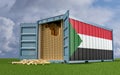 Freight Container with Sudan flag filled with Gold bars. Some Gold bars scattered on the ground