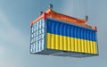 Freight container with Ukraine national Flag design hanging on a spreader