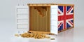Freight Container with United Kingdom flag filled with Gold bars. Some Gold bars scattered on the ground